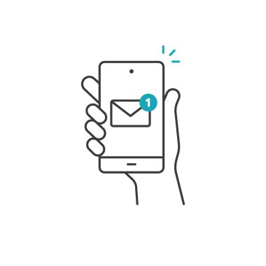 Hand hold smartphone, email send, new message notification line icon. Phone message outline icon. Isolated vector illustration.