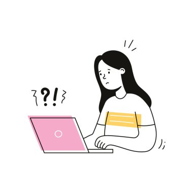 Worry woman, work question illustration. Doodle outline character woman work question, confused. Female person with laptop, office think, solution concept. Isolated vector illustration
