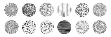 Abstract line pattern circle set. Hand drawn texture, doodle decorative line, spiral, scribble graphic round element. Circle drawn brush grunge texture. Vector illustration