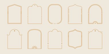 Line arch frame set. Minimal line style arch, oval shape boho frame element for badge, logo design. Vector illustration.
