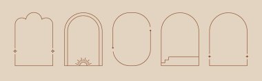 Boho mystic arch frame set. Minimal line style arch, oval shape boho frame with star, geometric element for badge, logo design. Vector illustration.