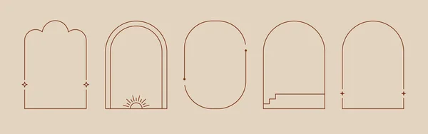Boho mystic arch frame set. Minimal line style arch, oval shape boho frame with star, geometric element for badge, logo design. Vector illustration.