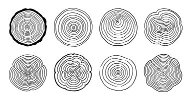 Tree ring wood circle set. Hand drawn tree ring pattern, line ripple circle wood texture. Wood organic slice line design. Vector illustration.