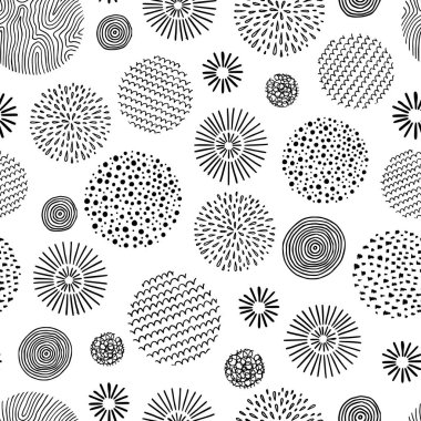 Hand drawn black, white circle seamless pattern. Doodle style abstracrt textured scribble, stripped, dot circle element pattern. Monochrome background. Vector illustration