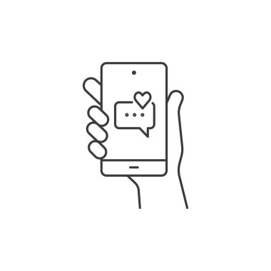 Hand hold smartphone, heart email send, new love message line icon. Phone message outline icon. Isolated vector illustration.