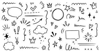 Çizim altı çizilmiş, vurgu yapılmış, ok şekli ayarlanmış. El çizimi fırça darbesi, vurgulama, konuşma balonu, altı çizili, parıltı elementi. Vektör illüstrasyonu.