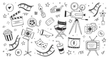 Cinema doodle, movie background. Hand drawn sketch film, cinema element design. Clapperboard, popcorn, film tape doodle vector illustration.
