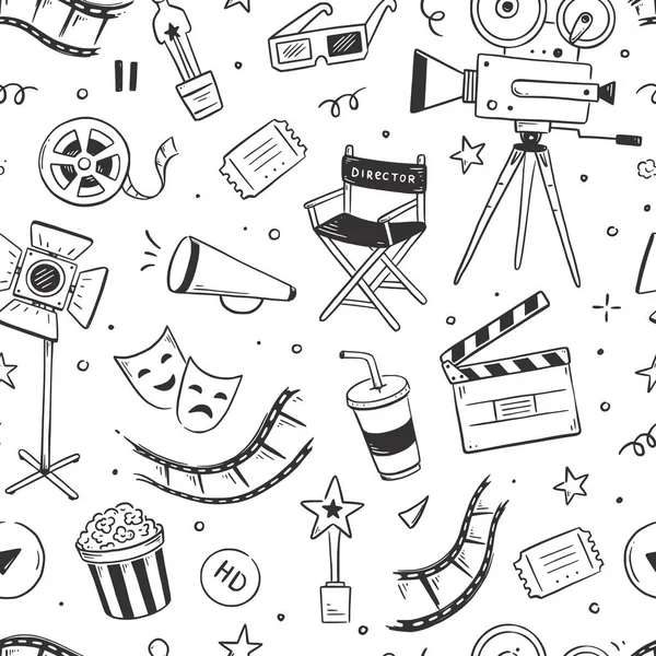 Film Kino Vektormuster Doodle Handgezeichnete Skizze Stil Film Nahtlose Muster — Stockvektor