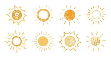 Doodle sun sketch illustration. Hand drawn cute yellow, orange sun set. Scribble doodle children drawn style. Vector illustration
