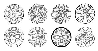 Tree ring wood circle set. Hand drawn tree ring pattern, line ripple circle wood texture. Wood organic slice line design. Vector illustration.