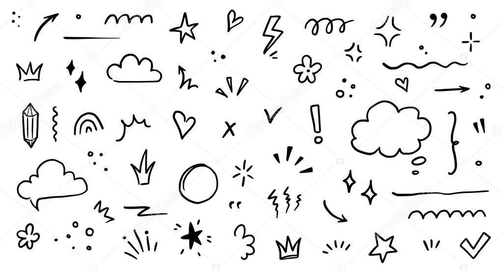 Sketch underline, emphasis, arrow shape set. Hand drawn brush stroke, highlight, speech bubble, underline, sparkle element. Vector illustration.