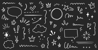Sketch underline, emphasis, arrow shape set chalkboard. Hand drawn brush stroke, highlight, speech bubble, underline, sparkle element. Vector illustration.