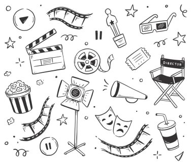 Sinema, karalama ikonu çizimi. Karalama el çizimi, skeç tarzı film unsurları, patlamış mısır, video kamera, klaket. Vektör satırı illüstrasyonu.