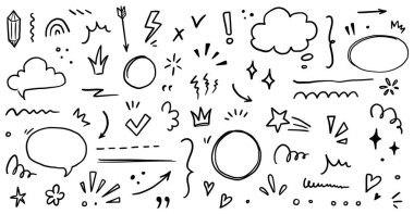 Çizim altı çizilmiş, vurgu yapılmış, ok şekli ayarlanmış. El çizimi fırça darbesi, vurgulama, konuşma balonu, altı çizili, parıltı elementi. Vektör illüstrasyonu.