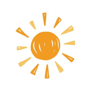 Doodle sun sketch illustration. Hand drawn cute orange sunshine. Scribble doodle children drawn style. Vector illustration