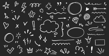 Sketch underline, emphasis, arrow shape set chalkboard. Hand drawn brush stroke, highlight, speech bubble, underline, sparkle element. Vector illustration.