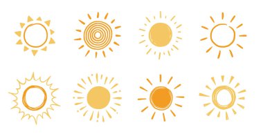Doodle sun sketch illustration. Hand drawn cute yellow, orange sun set. Scribble doodle children drawn style. Vector illustration