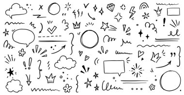 Çizim altı çizilmiş, vurgu yapılmış, ok şekli ayarlanmış. El çizimi fırça darbesi, vurgulama, konuşma balonu, altı çizili, parıltı elementi. Vektör illüstrasyonu.