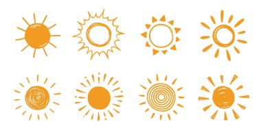 Doodle sun sketch illustration. Hand drawn cute orange sun set. Scribble doodle children drawn style. Vector illustration