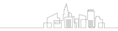 Continuous line city building. One single outline cityscape continuous construction. Editable stroke building background. Vector illustration.