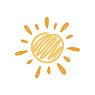 Doodle sun sketch illustration. Hand drawn cute orange sunshine. Scribble doodle children drawn style. Vector illustration