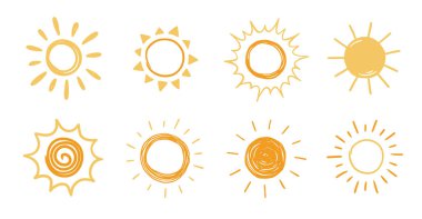Doodle sun sketch illustration. Hand drawn cute yellow, orange sun set. Scribble doodle children drawn style. Vector illustration