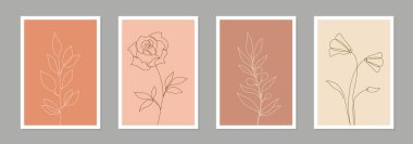One line art flower poster set. Single continuous line leaf, flower minimal design background. Botanical abstract art for print, wallpaper. Vector illustration