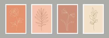 One line art flower poster set. Single continuous line leaf, flower minimal design background. Botanical abstract art for print, wallpaper. Vector illustration