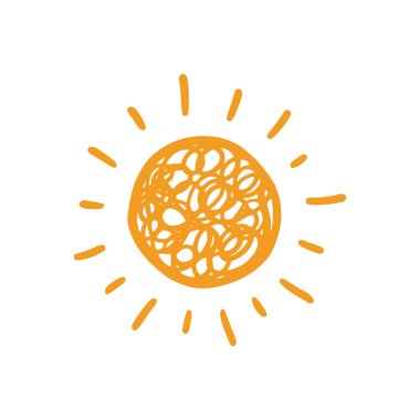 Doodle sun sketch illustration. Hand drawn cute orange sunshine. Scribble doodle children drawn style. Vector illustration