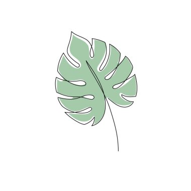 Line monstera leaf art. One continuous line art decorative monstera leaf draw. Editable stroke single tropical palm leaf element. Isolated vector illustration