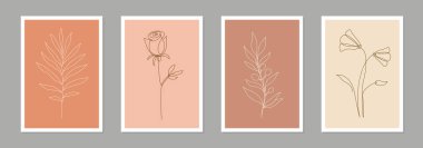 One line art flower poster set. Single continuous line leaf, flower minimal design background. Botanical abstract art for print, wallpaper. Vector illustration