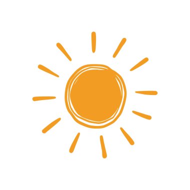 Doodle sun sketch illustration. Hand drawn cute orange sunshine. Scribble doodle children drawn style. Vector illustration
