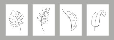 One line art tropical floral leaf poster set. Single continuous line monstera, fern, palm leaf minimal design background. Botanical abstract art for print, wallpaper. Vector illustration