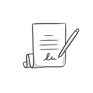 Contract document doodle. Contract paper with signature hand drawn sketch style icon. Agreement comic doodle drawn concept. Vector illustration.
