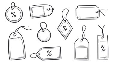 Price tag, gift label doodle element set. Price tag ribbon, discount label hand drawn sketch doodle style. Sale, present offer frame element. Vector illustration.