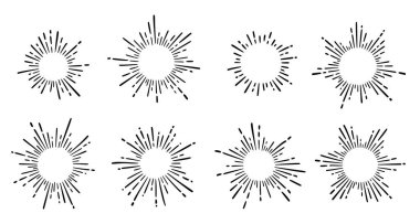 Sunburst ray vintage frame element set. Star burst ray hand drawn shine, hipster badge, logotype circle decoration frame. Vector illustration.