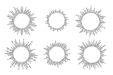 Sunburst ray vintage frame element set. Star burst ray hand drawn shine, hipster badge, logotype circle decoration frame. Vector illustration.