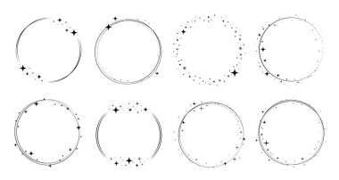 Circle star border frame set. Sparkle circle frame. Wreath round stardust border for party, birthday decor design. Laurel frame with cosmic glitter shine. Vector illustration. clipart