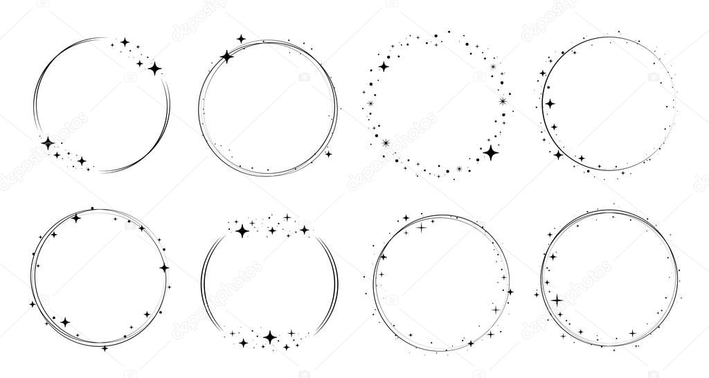 Circle star border frame set. Sparkle circle frame. Wreath round stardust border for party, birthday decor design. Laurel frame with cosmic glitter shine. Vector illustration.