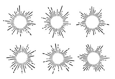 Sunburst ray vintage frame element set. Star burst ray hand drawn shine, hipster badge, logotype circle decoration frame. Vector illustration.