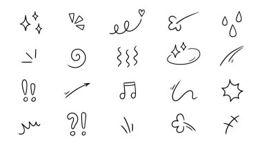 Line movement element, emotion effect decoration icon. Hand drawn doodle line element arrow, emphasis, wind, sparkle. Anime emotion, express shape. Vector illustration.