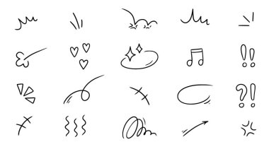 Line movement element, emotion effect decoration icon. Hand drawn doodle line element arrow, emphasis, wind, sparkle. Anime emotion, express shape. Vector illustration.