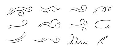 Wind doodle line shape set. Air wind flow, spiral, curve hand drawn doodle element. Cartoon speed, wave, splash drawing design. Vector illustration.