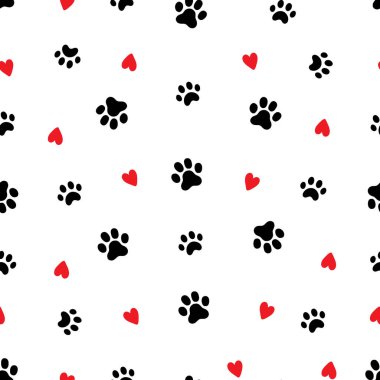 Pet footprint seamless pattern. Pet animal dog, cat footprint background with heart. Puppy valentine texture doodle wallpaper. Vector illustration
