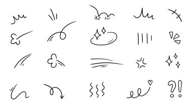 Line movement element, emotion effect decoration icon. Hand drawn doodle line element arrow, emphasis, wind, sparkle. Anime emotion, express shape. Vector illustration.