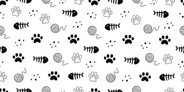 Cat toy, fooprint pattern seamless. Hand drawn sketch doodle kitty cute element on white background. Fish bone, footprint, cat toy element. Pet veterinary pattern. Vector illustration.