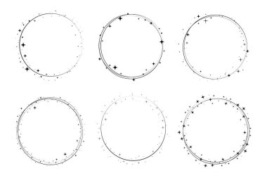 Circle star border frame set. Sparkle circle frame. Wreath round stardust border for party, birthday decor design. Laurel frame with cosmic glitter shine. Vector illustration.