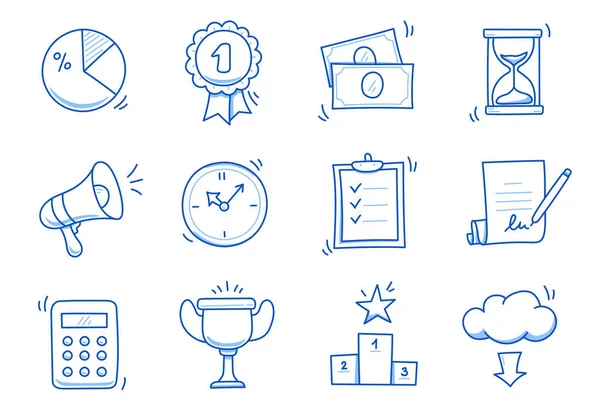 Hand drawn business icon set. Finance, money, investment icon sketch doodle blue pen stroke style. Business success, winner, finance element. Vector illustration.