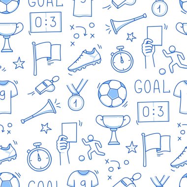 Futbol karalaması kusursuz desen. Futbol golü, ödül kupası, ıslık el çizimi çizim taslak tarzı ekipman ikonu. Vektör illüstrasyonu