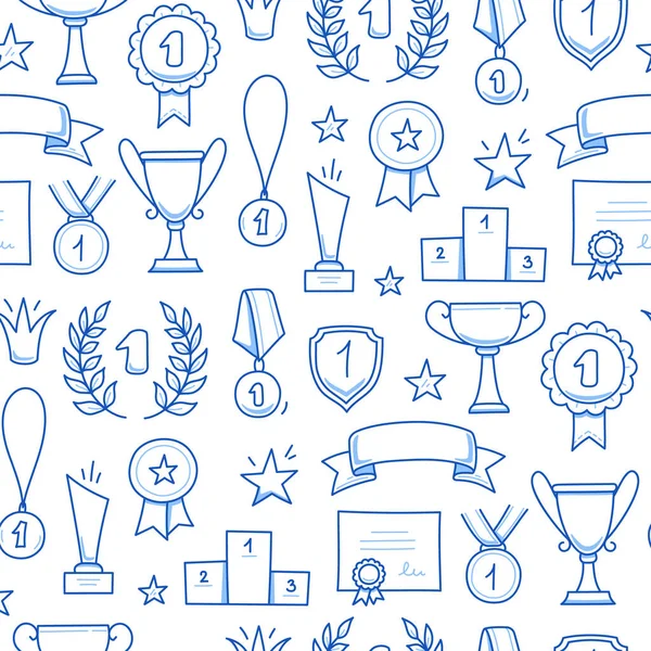 Award Doodle Hand Drawn Seamless Pattern Winner Trophy Cup Champion — Stock Vector